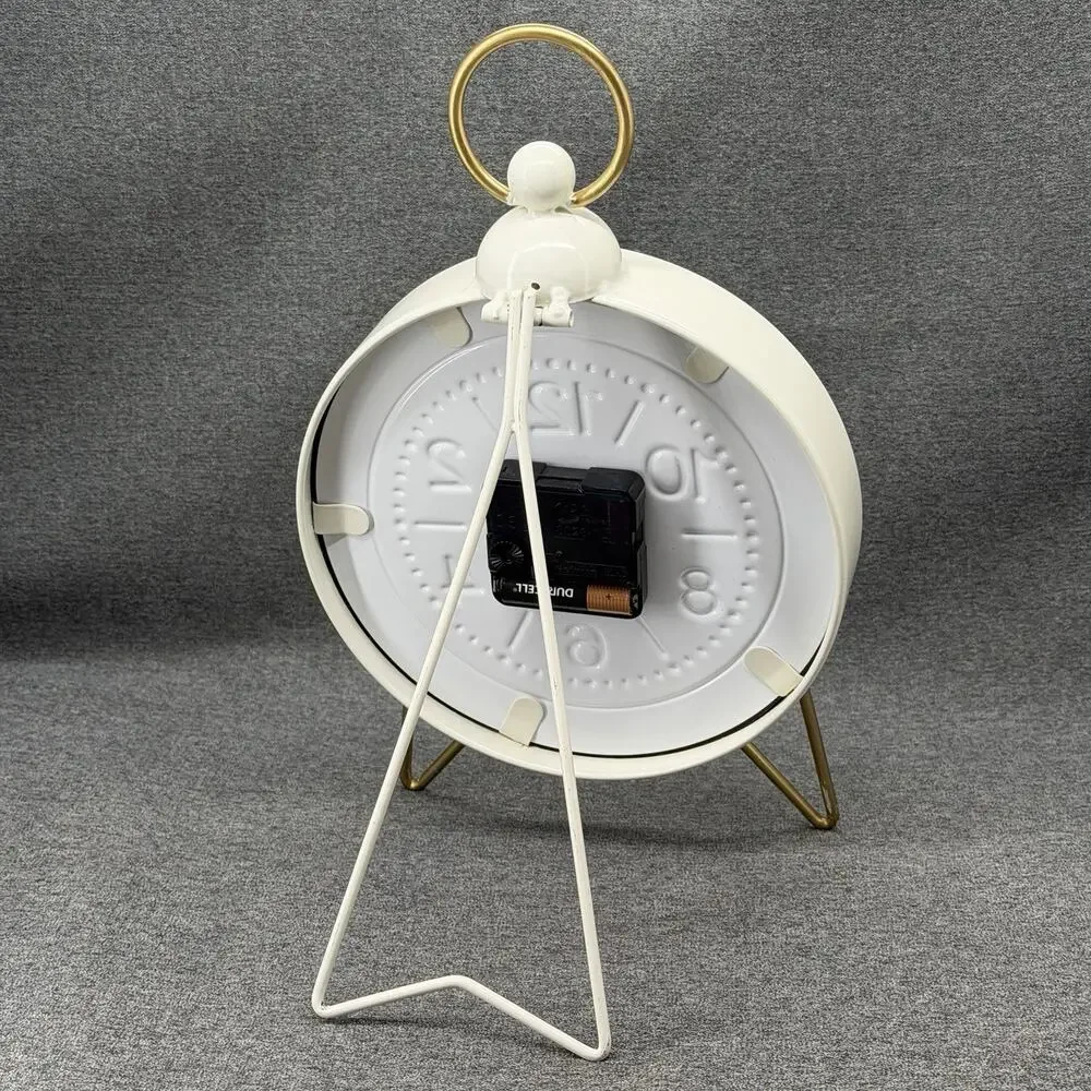 White Metal Clock Gold Accents Round Desktop Shelf Mantel Decor Battery Operated